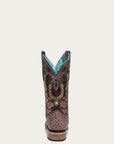 A4851 - WOMEN'S BROWN HORSHOE OVERLAY EMBROIDERY AND HANDWOVEN OSTRICH SQUARE TOE COWBOY BOOT