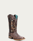 A4851 - WOMEN'S BROWN HORSHOE OVERLAY EMBROIDERY AND HANDWOVEN OSTRICH SQUARE TOE COWBOY BOOT