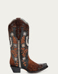 A4862 - WOMEN'S FLORAL AND HORSE-SHOE EMBROIDERY, WOVEN AND OVERLAY LAMB SQUARE TOE BROWN COWBOY BOOT