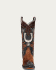 A4862 - WOMEN'S FLORAL AND HORSE-SHOE EMBROIDERY, WOVEN AND OVERLAY LAMB SQUARE TOE BROWN COWBOY BOOT