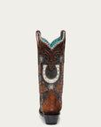 A4862 - WOMEN'S FLORAL AND HORSE-SHOE EMBROIDERY, WOVEN AND OVERLAY LAMB SQUARE TOE BROWN COWBOY BOOT