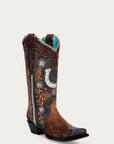 A4862 - WOMEN'S FLORAL AND HORSE-SHOE EMBROIDERY, WOVEN AND OVERLAY LAMB SQUARE TOE BROWN COWBOY BOOT
