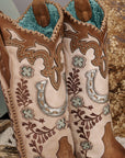 A4863 - WOMEN'S HONEY HORSESHOE OVERLAY EMBROIDERY STUDS HANDWOVEN SNIP TOE COWBOY BOOT