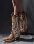 A4863 - WOMEN'S HONEY HORSESHOE OVERLAY EMBROIDERY STUDS HANDWOVEN SNIP TOE COWBOY BOOT