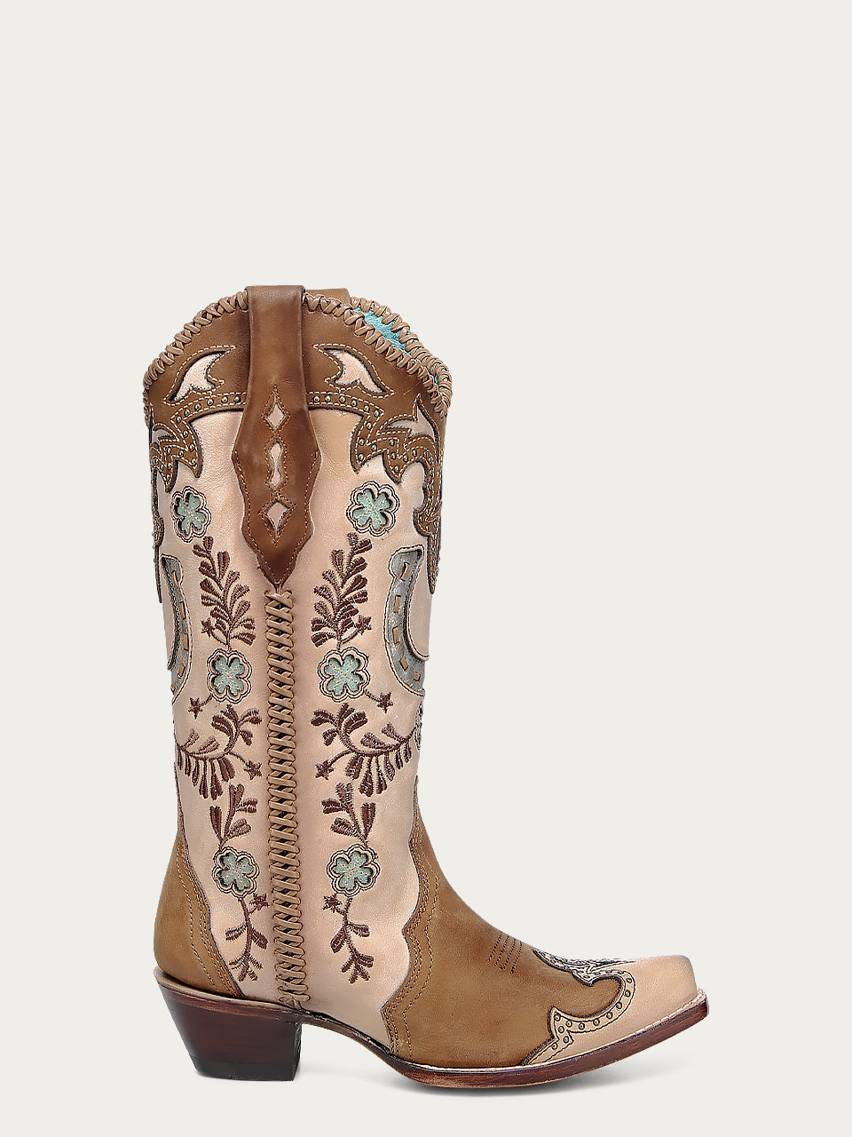 A4863 - WOMEN&#39;S HONEY HORSESHOE OVERLAY EMBROIDERY STUDS HANDWOVEN SNIP TOE COWBOY BOOT