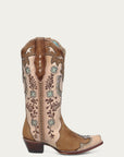 A4863 - WOMEN'S HONEY HORSESHOE OVERLAY EMBROIDERY STUDS HANDWOVEN SNIP TOE COWBOY BOOT