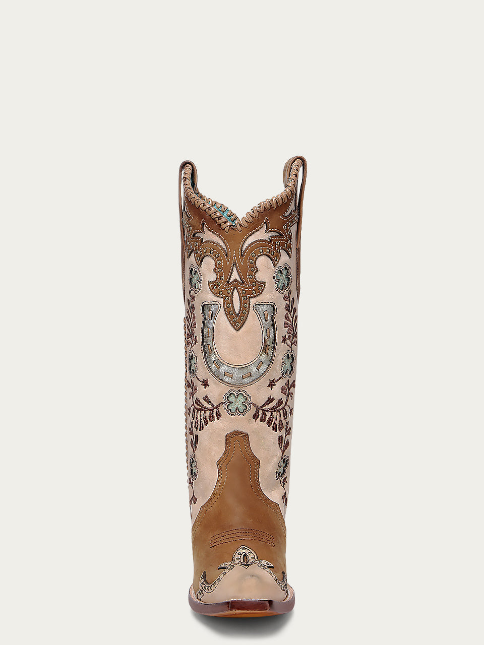 A4863 - WOMEN&#39;S HONEY HORSESHOE OVERLAY EMBROIDERY STUDS HANDWOVEN SNIP TOE COWBOY BOOT