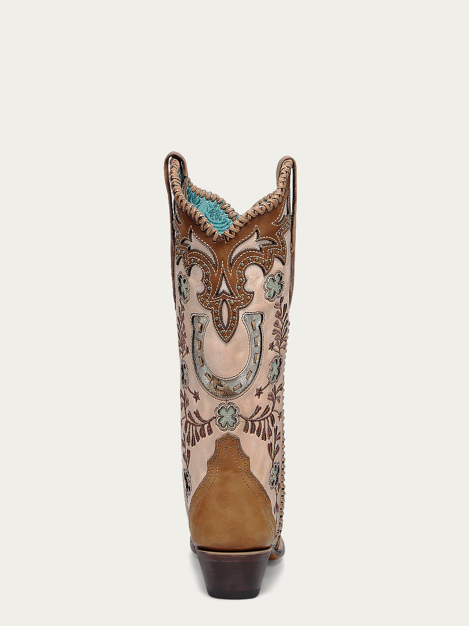 A4863 - WOMEN&#39;S HONEY HORSESHOE OVERLAY EMBROIDERY STUDS HANDWOVEN SNIP TOE COWBOY BOOT