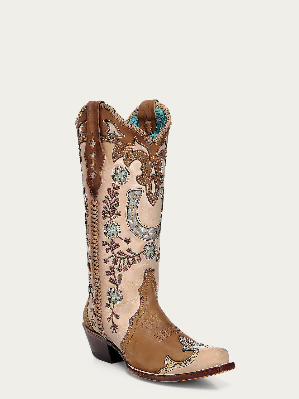 A4863 - WOMEN&#39;S HONEY HORSESHOE OVERLAY EMBROIDERY STUDS HANDWOVEN SNIP TOE COWBOY BOOT