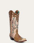 A4863 - WOMEN'S HONEY HORSESHOE OVERLAY EMBROIDERY STUDS HANDWOVEN SNIP TOE COWBOY BOOT