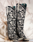 A4866 - WOMEN'S BLACK FLORAL OVERLAY EMBROIDERY AND SEQUINS SNIP TOE TALL TOP WHITE COWBOY BOOT