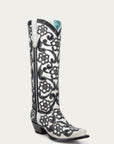 A4866 - WOMEN'S BLACK FLORAL OVERLAY EMBROIDERY AND SEQUINS SNIP TOE TALL TOP WHITE COWBOY BOOT
