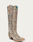 A4867 - WOMEN'S SAND OVERLAY AND SEQUIN-EMBROIDERY FLORAL PATTERN TALL TOP SNIP TOE COWBOY BOOT