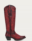 A4869 - WOMEN'S EMBROIDERY AND CRYSTALS RED AND BLACK TALL TOP SNIP TOE COWBOY BOOT