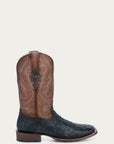 A4975 - MEN'S BROWN EMBROIDERY NAVY BLUE OSTRICH WIDE SQUARE TOE COWBOY BOOT WITH LEATHER SOLE AND RUBBER INSERT