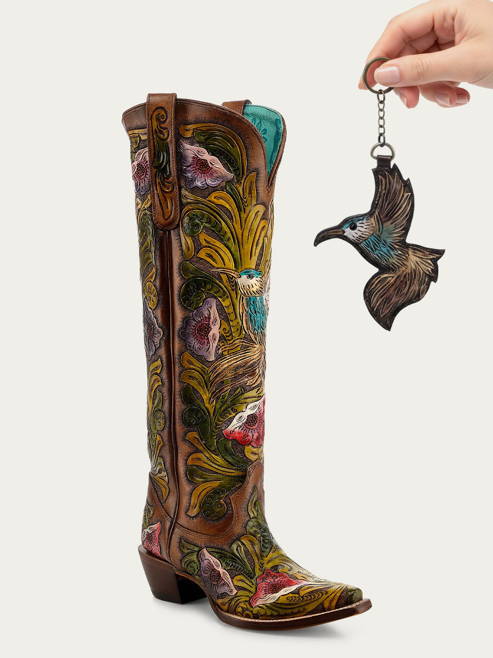 A4980 - WOMEN’S HAND PAINTED AND TOOLED HUMMINGBIRD BROWN TALL TOP SNIP TOE COWBOY BOOT