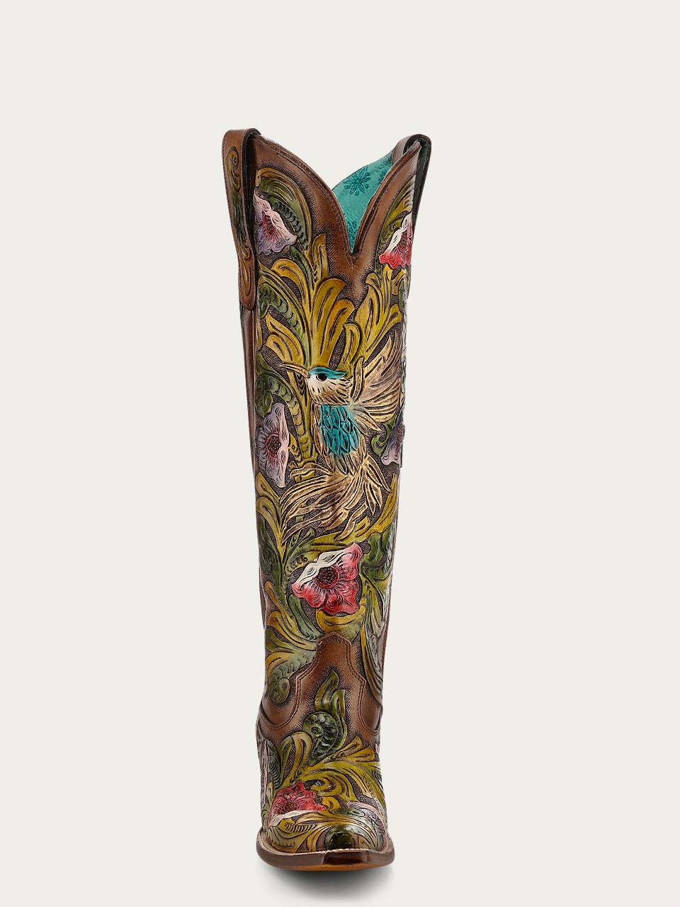 A4980 - WOMEN’S HAND PAINTED AND TOOLED HUMMINGBIRD BROWN TALL TOP SNIP TOE COWBOY BOOT