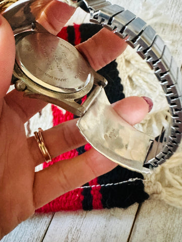 Old Pawn Vintage Navajo Turquoise, Coral & Sterling Silver Watch