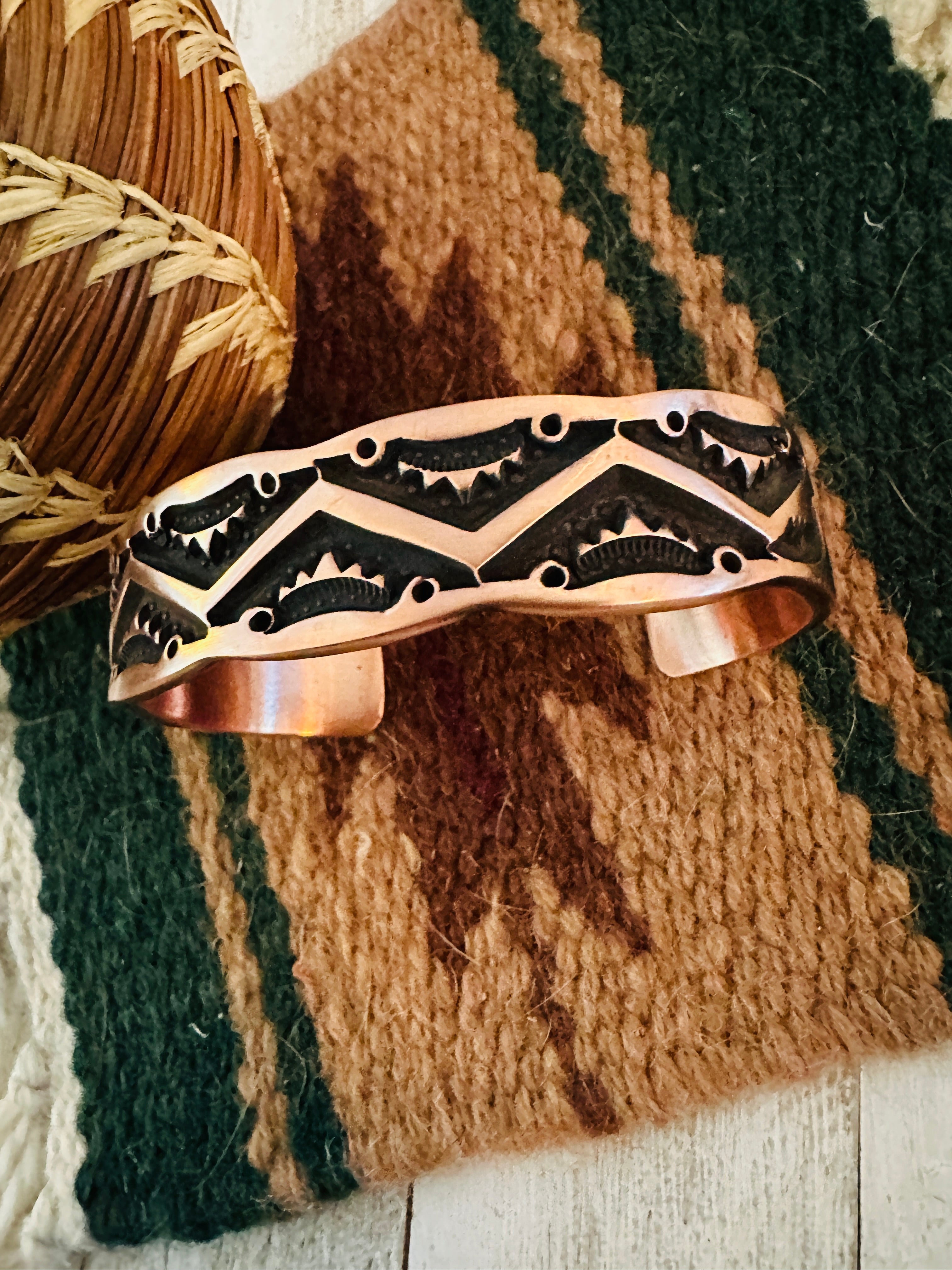 Navajo Hand Stamped Copper Cuff Bracelet Signed - Everest Ranch