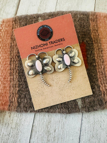 Navajo Queen Pink Conch & Sterling Silver Dragonfly Post Earrings