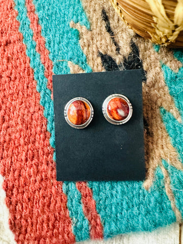 Navajo Sterling Silver & Orange Spiny Stud Earrings