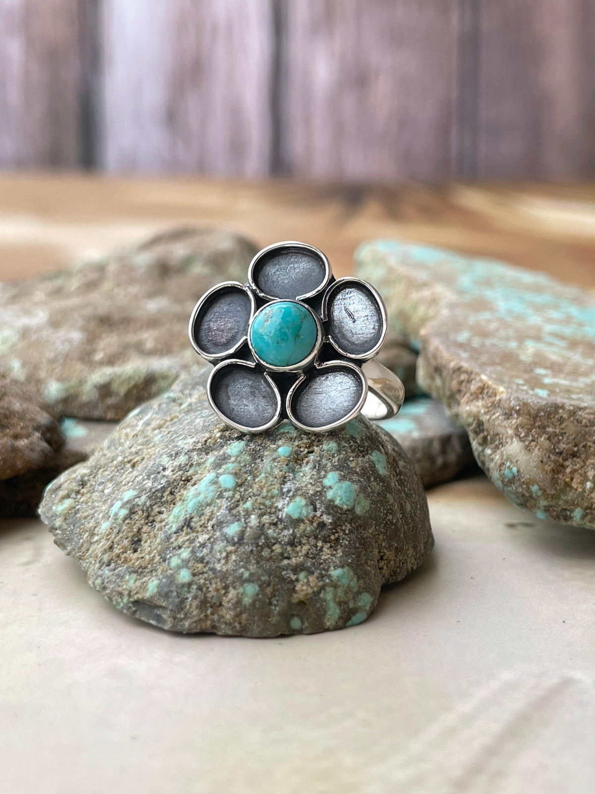 Handmade Adjustable Turquoise Sterling Silver Floral Marigold Ring