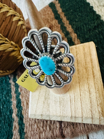 Old Pawn Navajo Sterling Silver & Turquoise Flower Ring Size 7.5