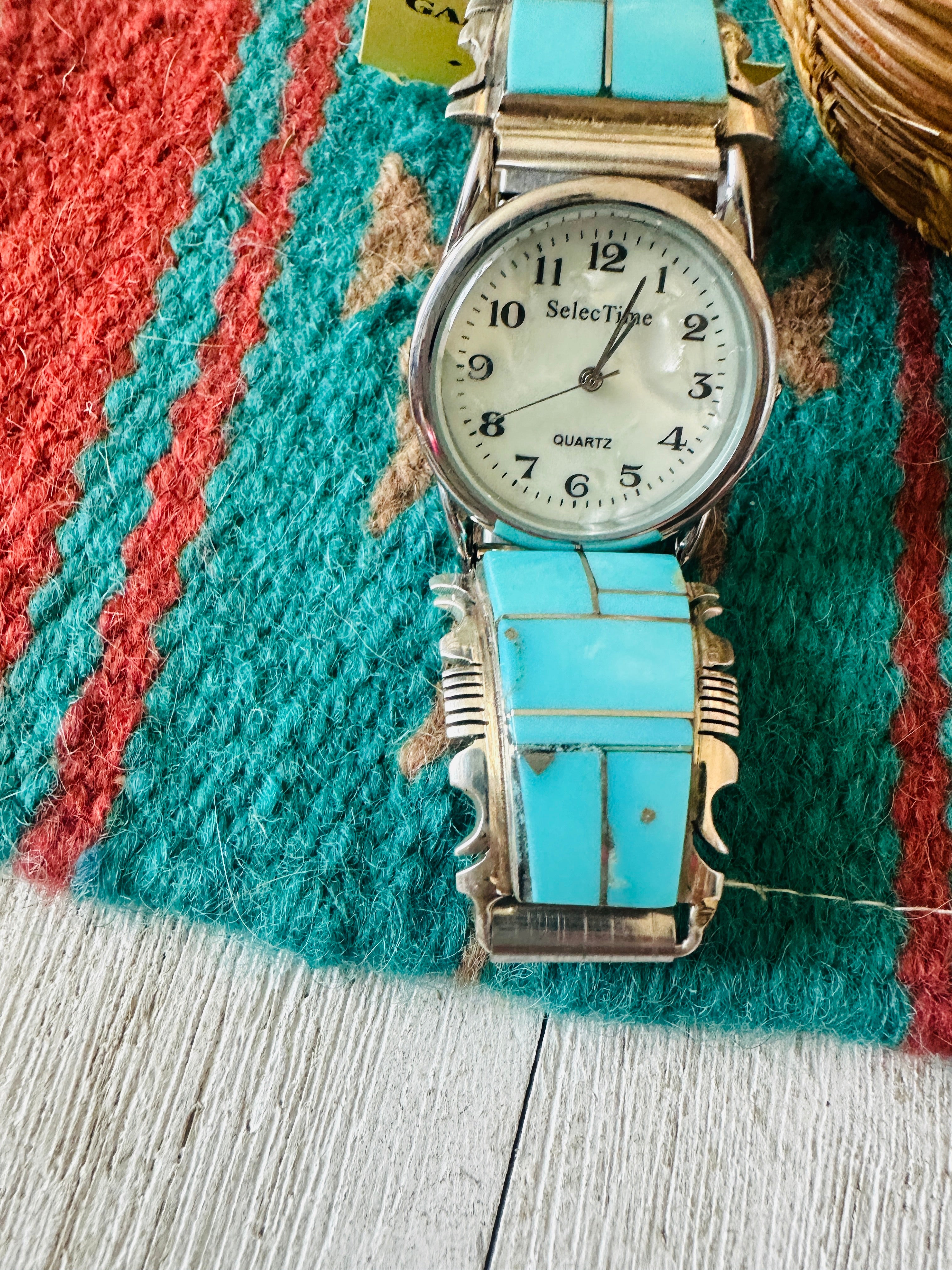 Old Pawn Vintage Navajo Turquoise & Sterling Silver Inlay Watch