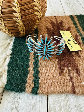 Old Pawn Zuni Sterling Silver & Turquoise Needlepoint Cuff Bracelet