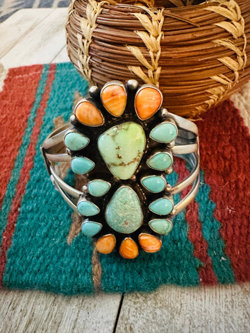 Navajo Spiny Oyster, Turquoise & Sterling Silver Cluster Cuff Bracelet