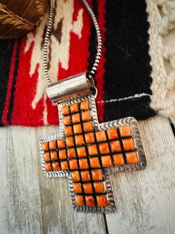 Navajo Sterling Silver & Orange Spiny Cross Pendant by Marcella James