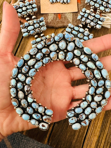 Navajo Golden Hills Turquoise & Silver Squash Blossom Necklace Set