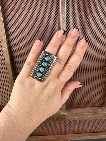 Stunning Handmade Turquoise & Sterling Silver Adjustable 4 Circle Stone Ring