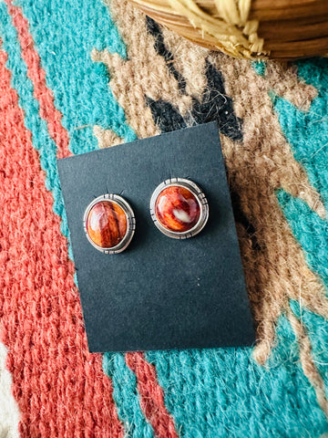 Navajo Sterling Silver & Orange Spiny Stud Earrings