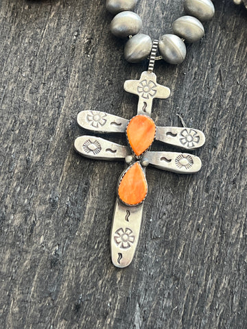 Navajo Sterling Silver And Orange Spiny Oyster Shell Dragonfly Bead Necklace by Selena Warner