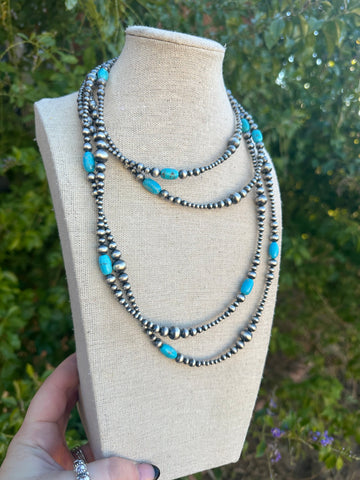 Elegant 72-Inch Sterling Silver Turquoise & Pearl Necklace - Cassidy