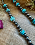 NFR Collection Necklace – 35 inch long 8mm & 14mm Sterling Silver Pearls with 20mm Turquoise Rondelle