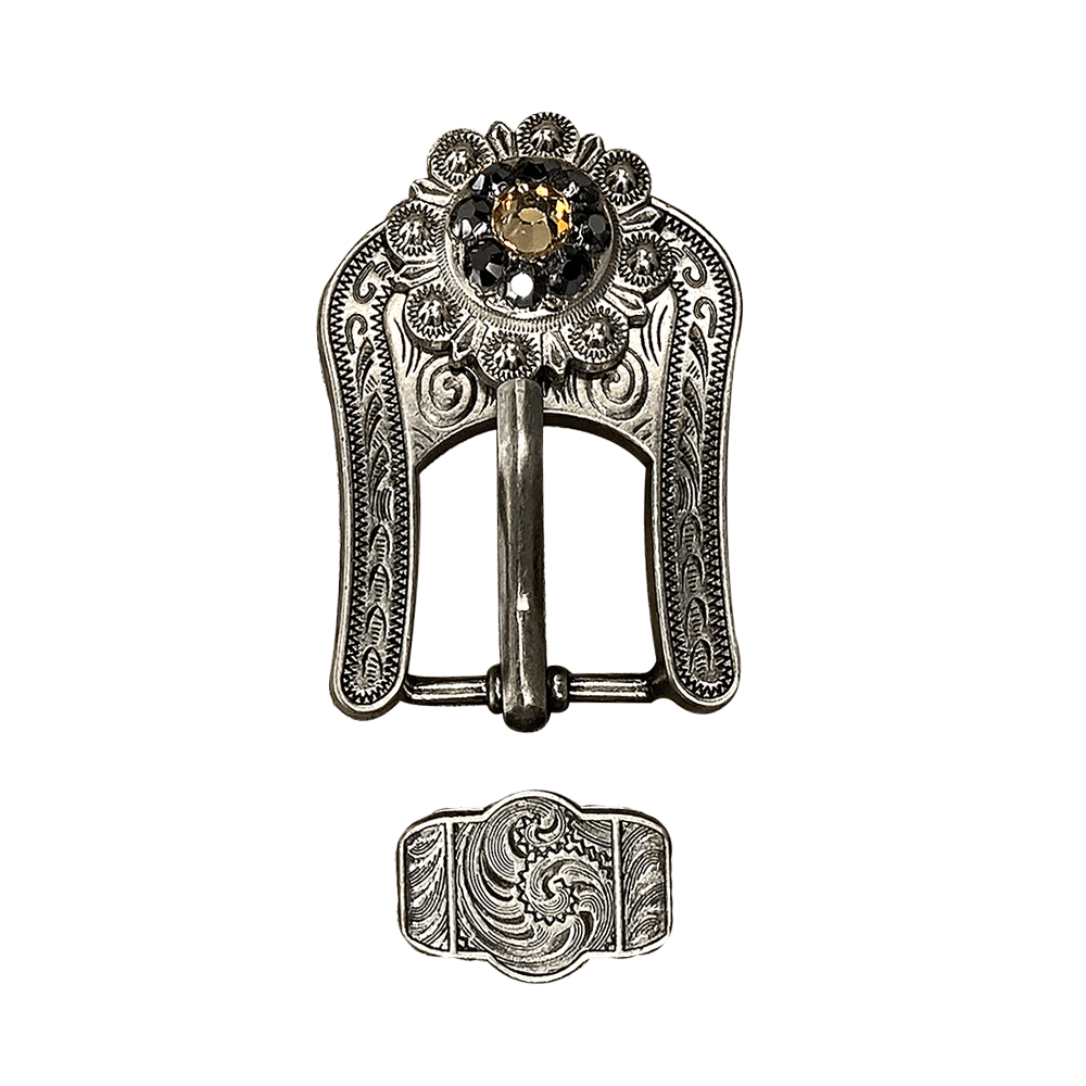 Champagne &amp; Jet Antique Silver European Crystal Buckle Keeper Set