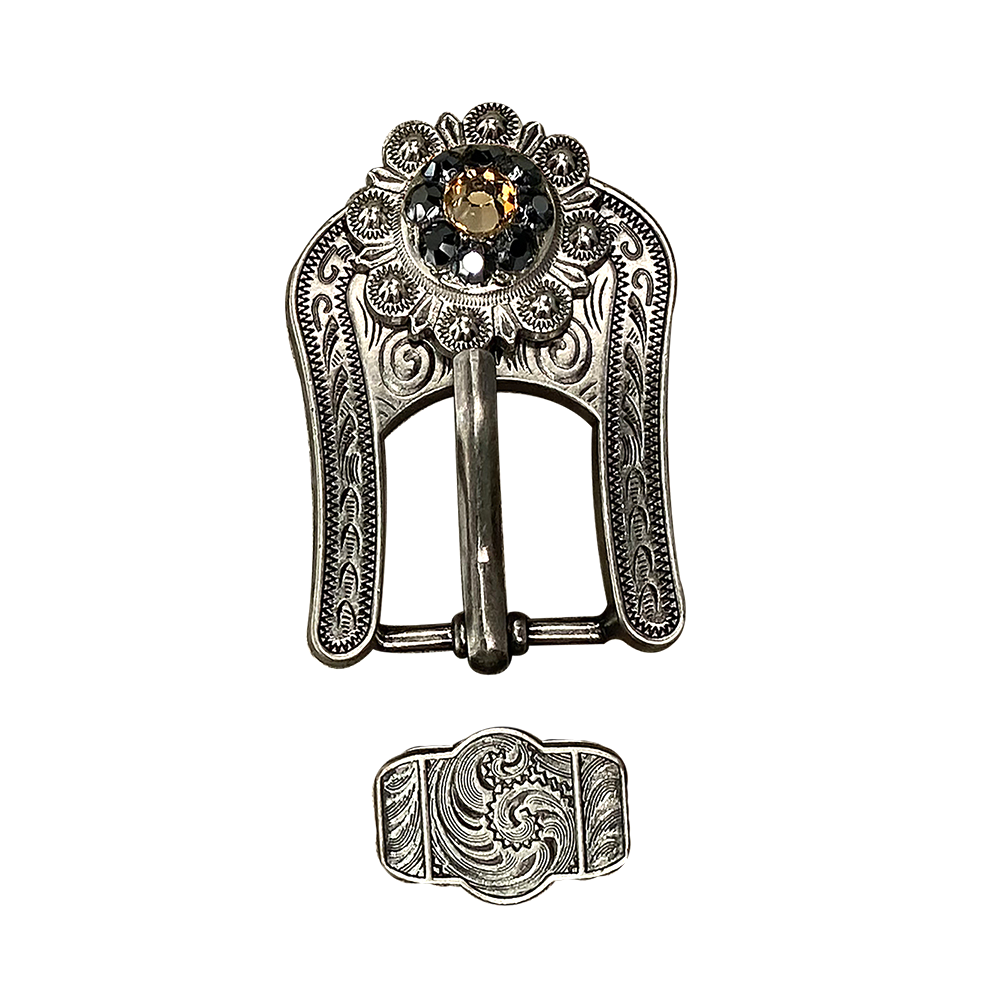 Antique Silver Champagne, Jet Crystal Conchos - Sizes from 1&quot;- 3&quot; and Buckles