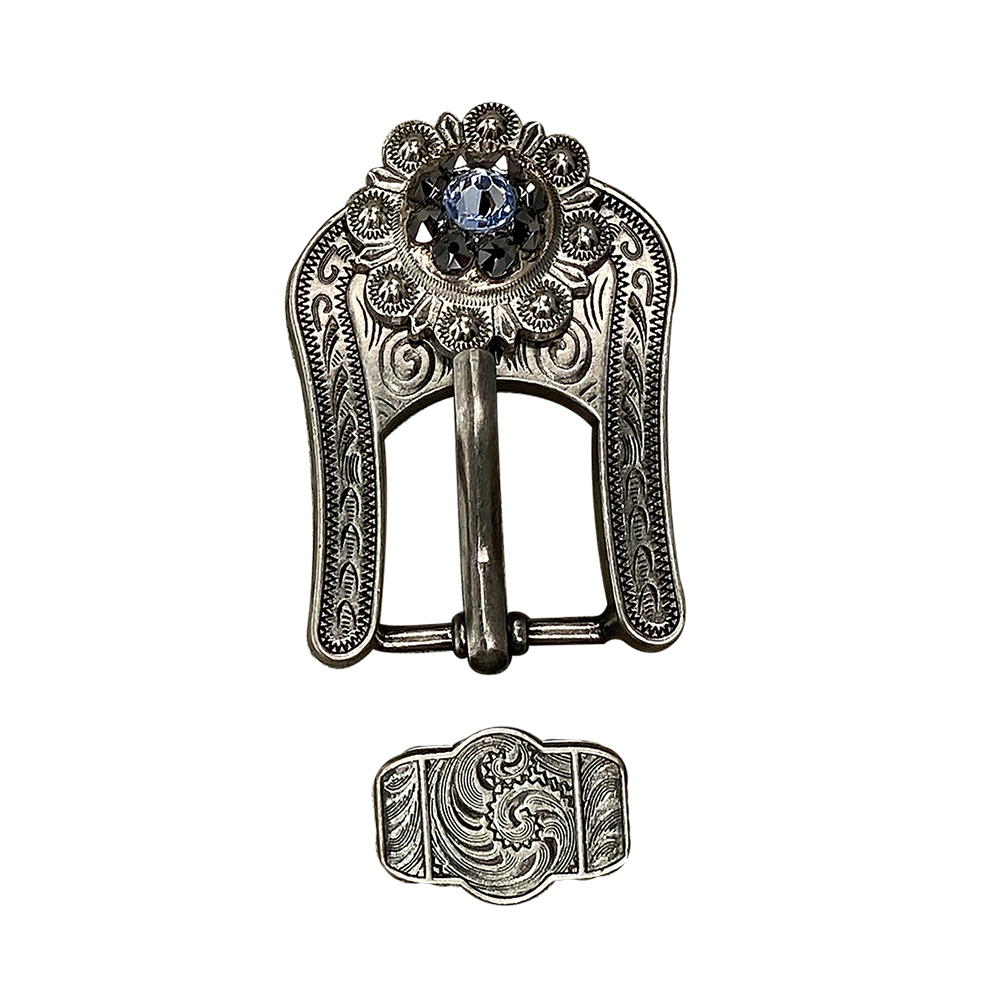 Antique Silver Light Sapphire, Jet Crystal Conchos - Sizes from 1&quot;- 3&quot; and Buckles