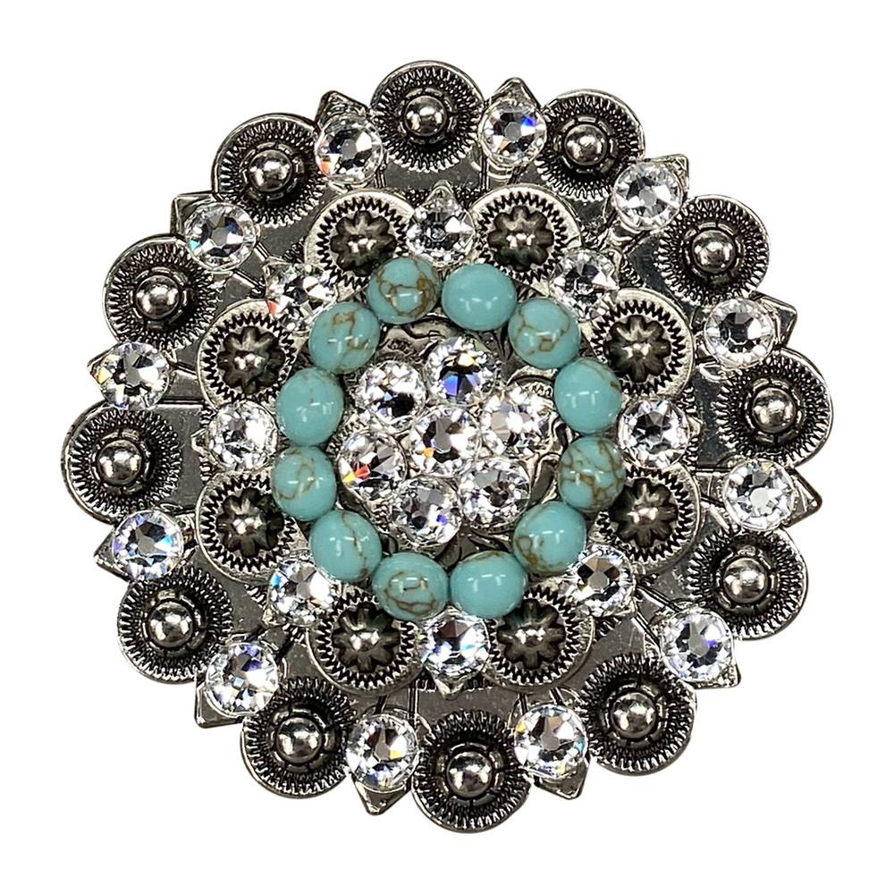 Antique Silver Turquoise, Clear Crystal Conchos - Sizes from 1&quot;- 3&quot; and Buckles