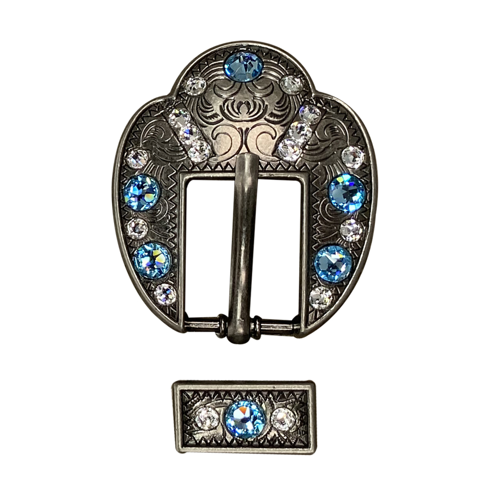 Antique Silver Aqua, Clear Crystal Conchos - Sizes from 1&quot;- 3&quot; and Buckles