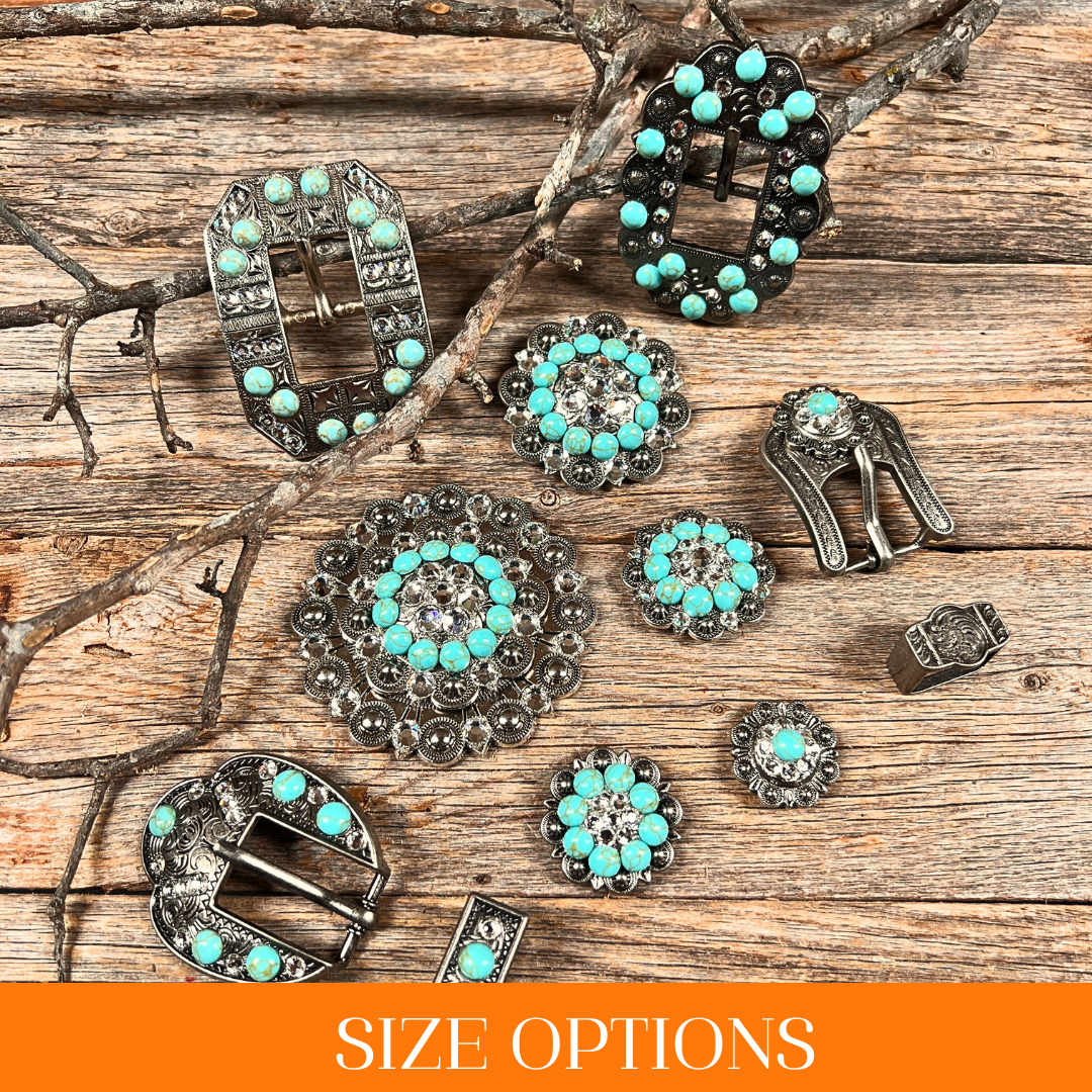 Antique Silver Turquoise, Clear Crystal Conchos - Sizes from 1&quot;- 3&quot; and Buckles