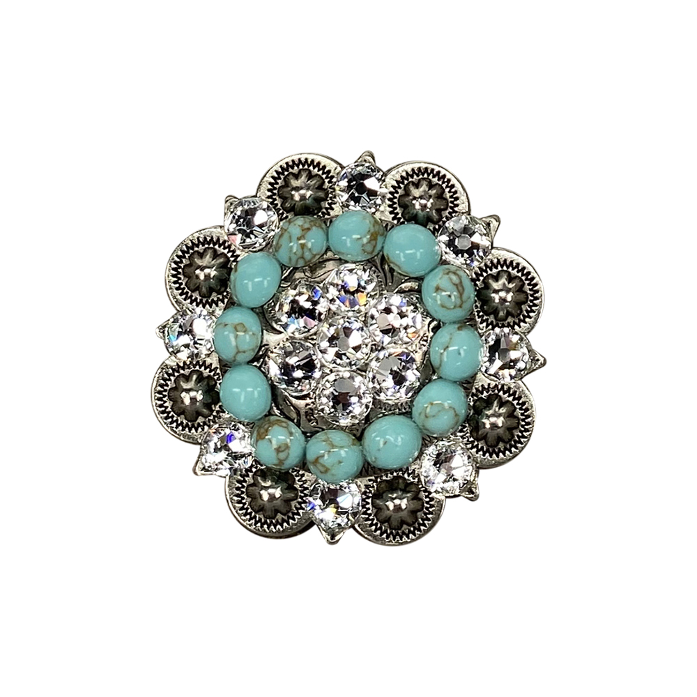 Antique Silver Turquoise, Clear Crystal Conchos - Sizes from 1&quot;- 3&quot; and Buckles