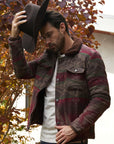 Mens Ethnic Aztec Quilted Fur Lined Jacket - Burgundy