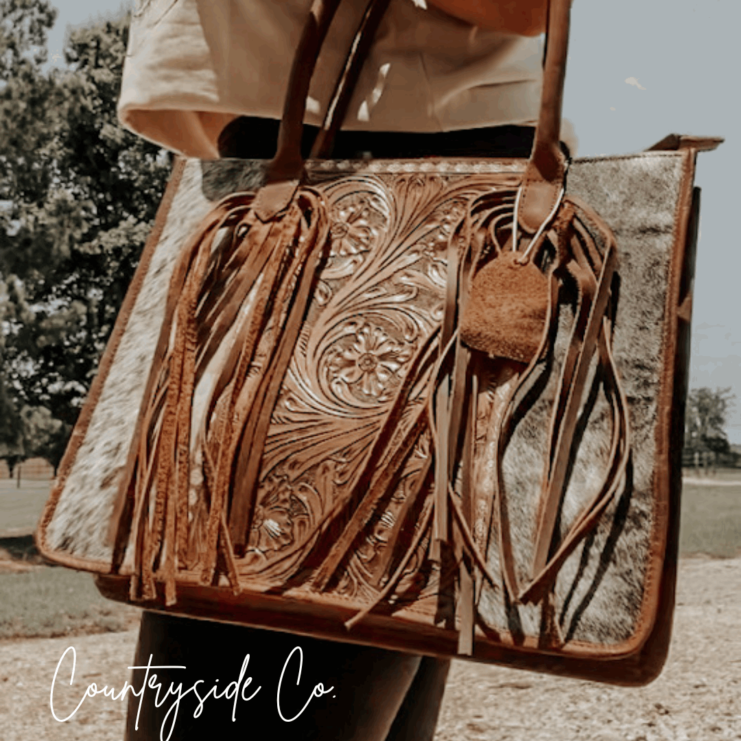 Jesse Cowhide and Tooled Leather Tote Purse by Countryside Co.