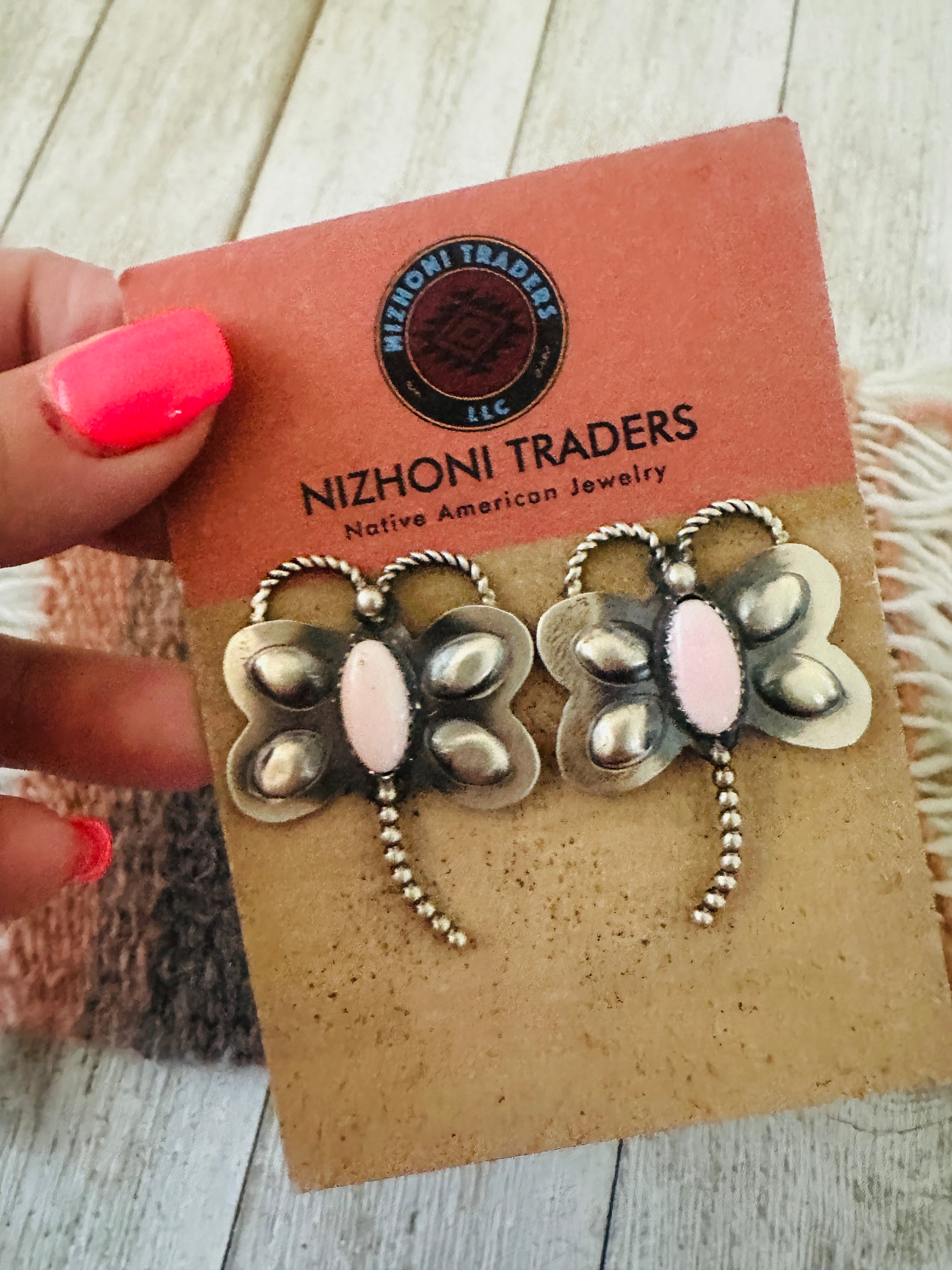 Navajo Queen Pink Conch & Sterling Silver Dragonfly Post Earrings