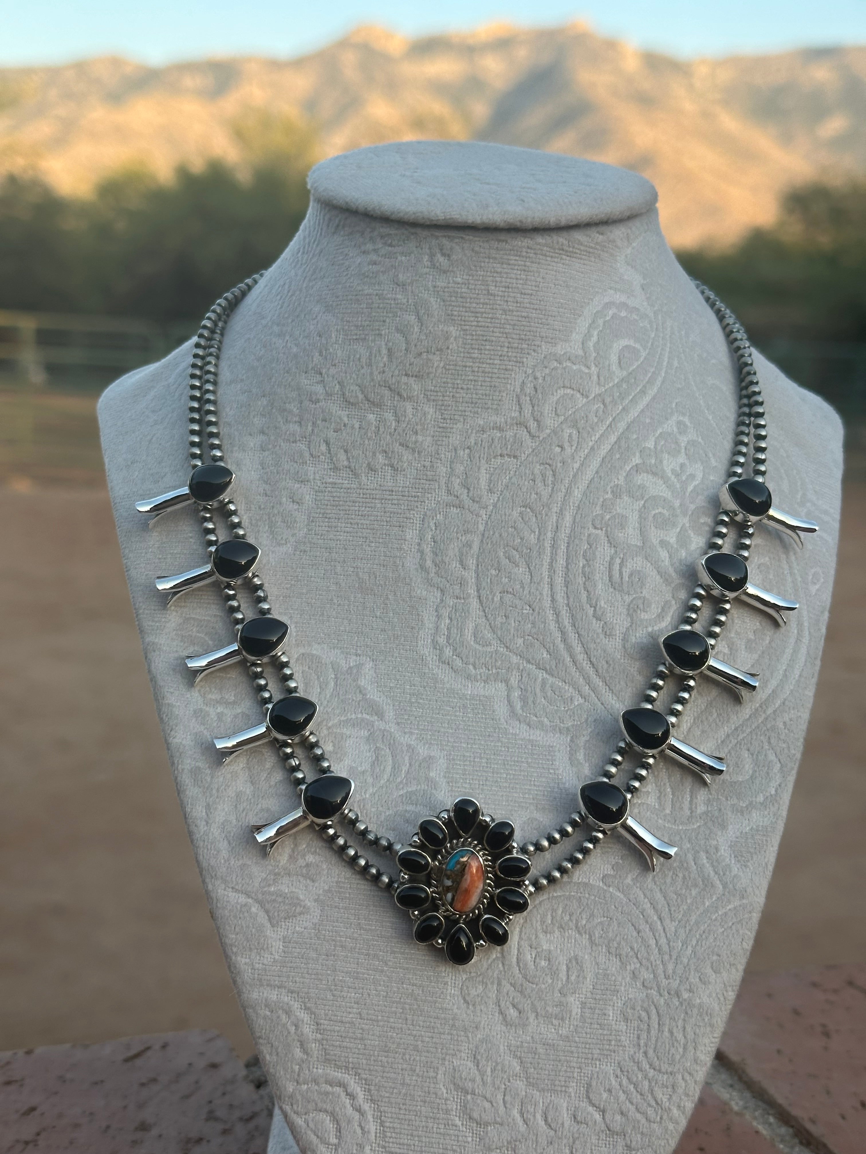 Handmade Sterling Silver, Onyx and Spice Mini Squash Necklace, Signed Nizhoni