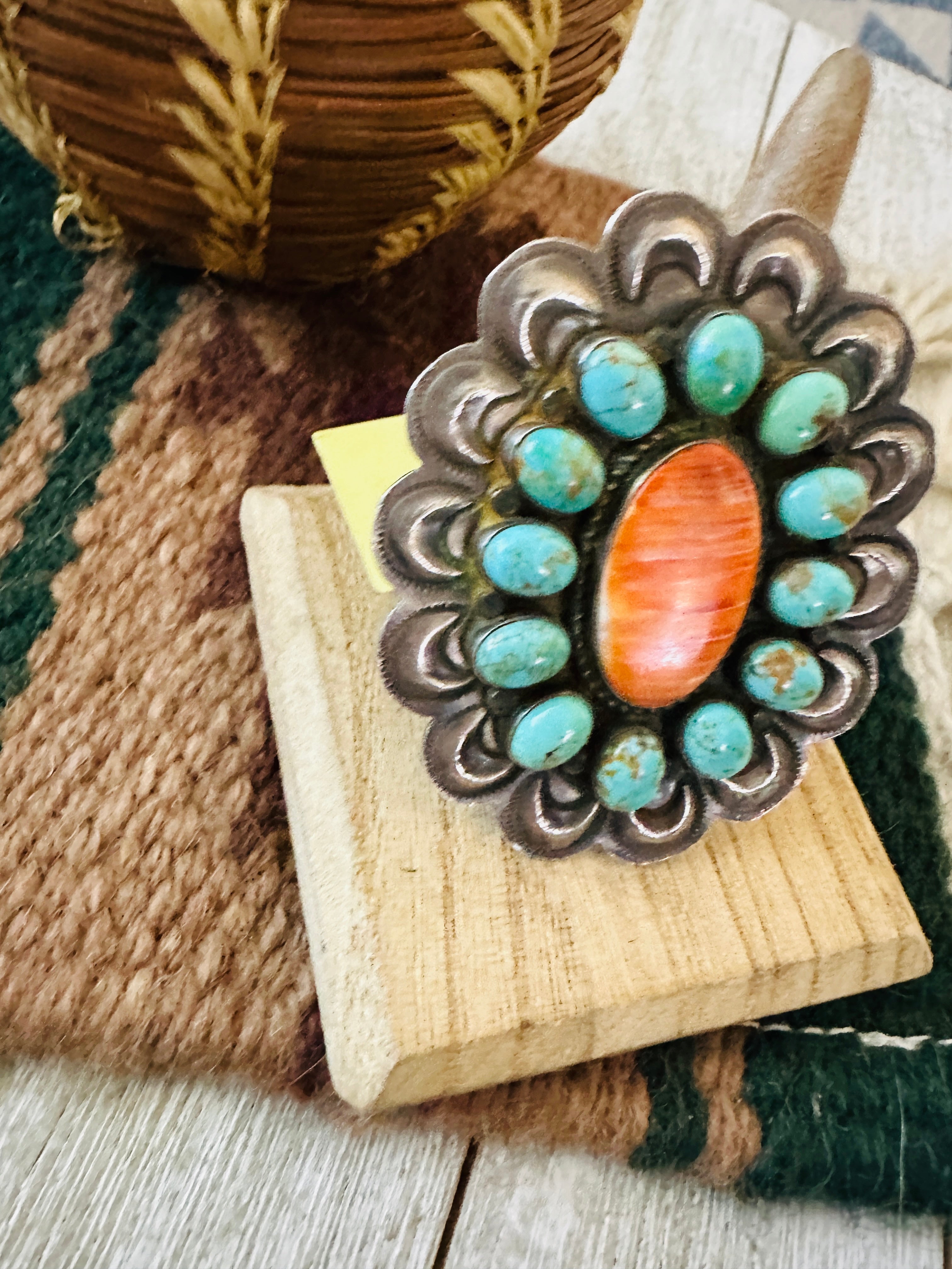 Vintage Navajo Sterling Silver Spiny Turquoise Cluster Ring - Adjustable