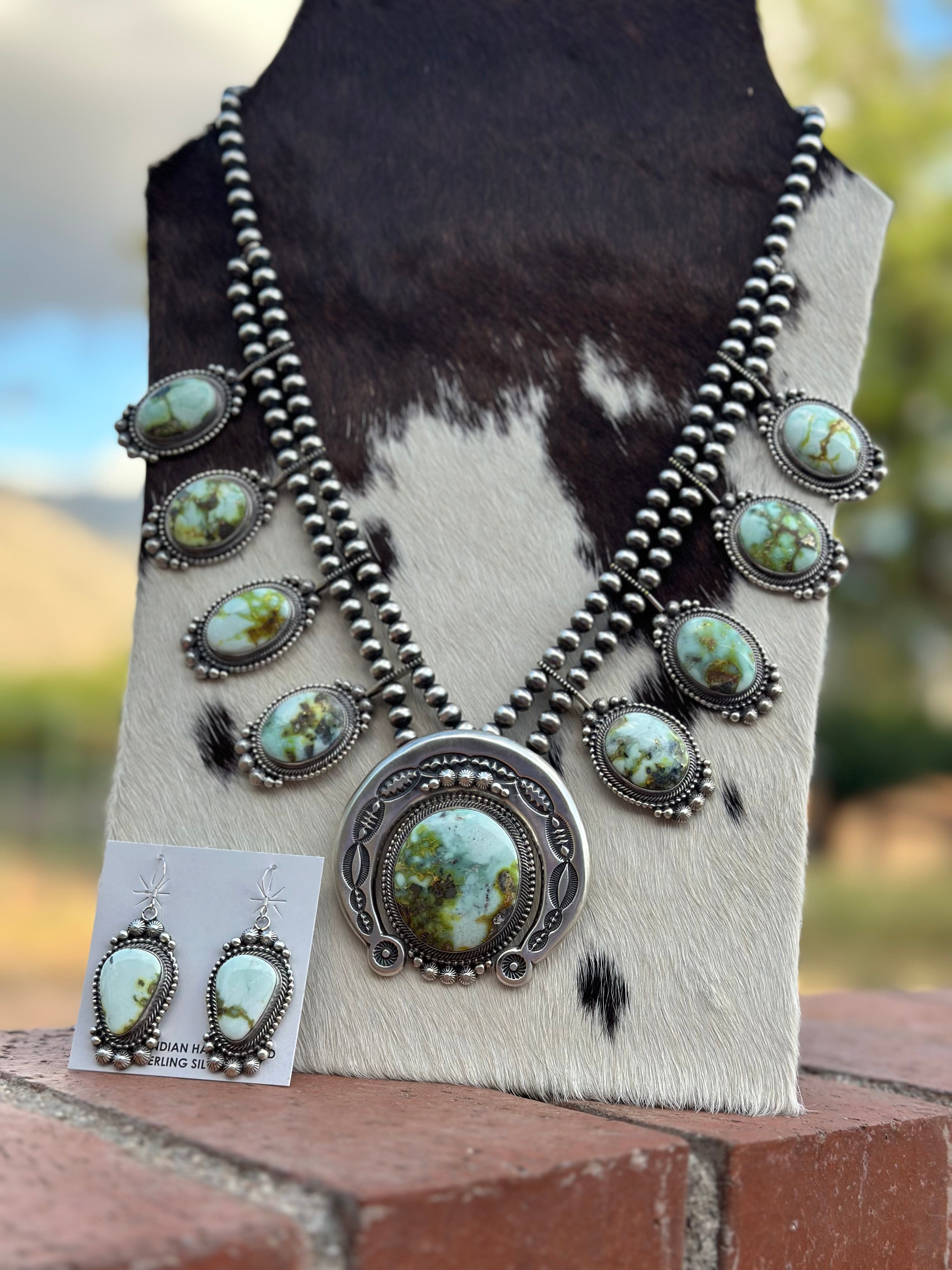 Navajo Sterling Silver & Palomino Turquoise Squash Blossom Necklace and Earring Set